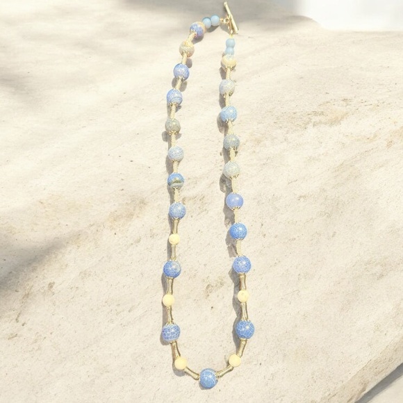 Handcrafted Blue Crackle Agate and White Beaded Necklace - Picture 3 of 7
